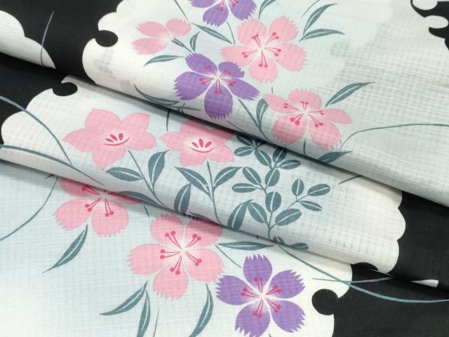 平和屋着物∴夏物　浴衣　雪輪草花文　黒地　綿　逸品　CABK5208ng