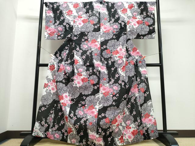 平和屋着物∴夏物　浴衣　霞枝桜　黒地　綿　逸品　CABK5210ng