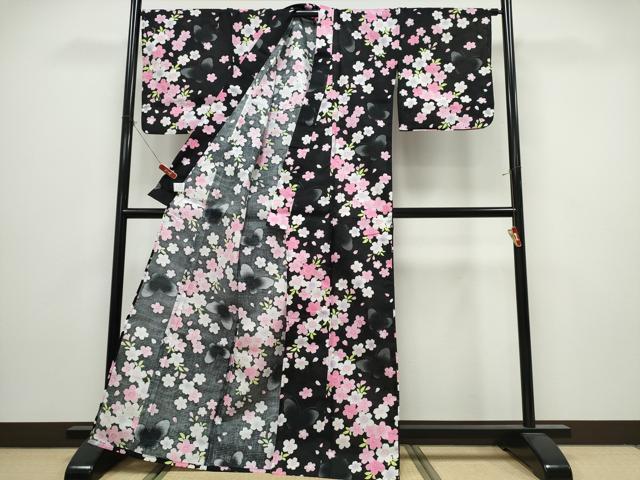 平和屋着物∴夏物　浴衣　舞蝶桜　黒地　金彩　逸品　未使用　CABK5211ng