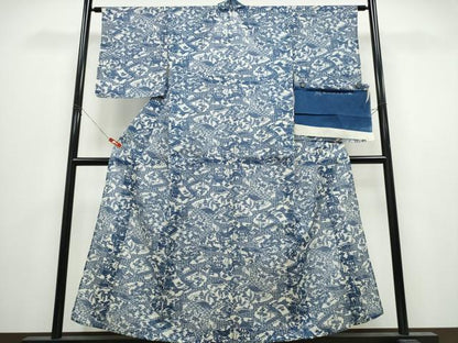 平和屋着物∴夏物　小紋・浴衣兼用　絹紅梅　風景文　反端付き　絹綿　逸品　CABK5222ng