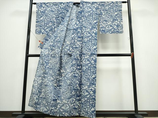 平和屋着物∴夏物　小紋・浴衣兼用　絹紅梅　風景文　反端付き　絹綿　逸品　CABK5222ng