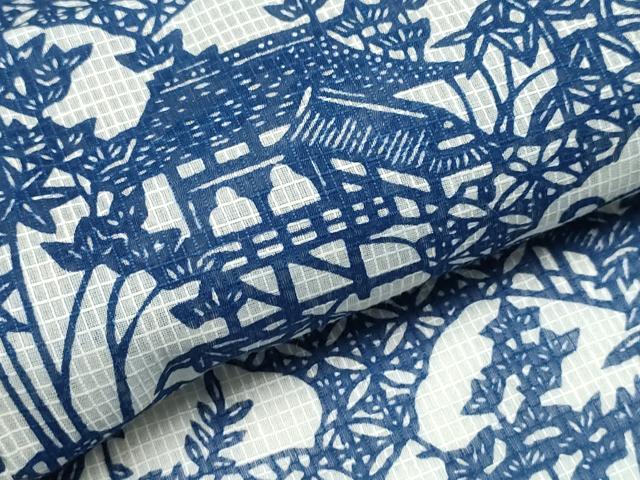 平和屋着物∴夏物　小紋・浴衣兼用　絹紅梅　風景文　反端付き　絹綿　逸品　CABK5222ng