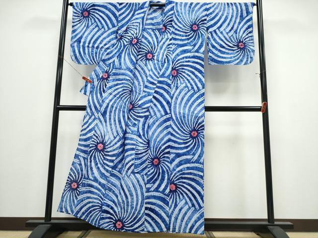 平和屋着物∴夏物　浴衣　有松鳴海絞り　渦巻文様　綿　逸品　CABK5231ng