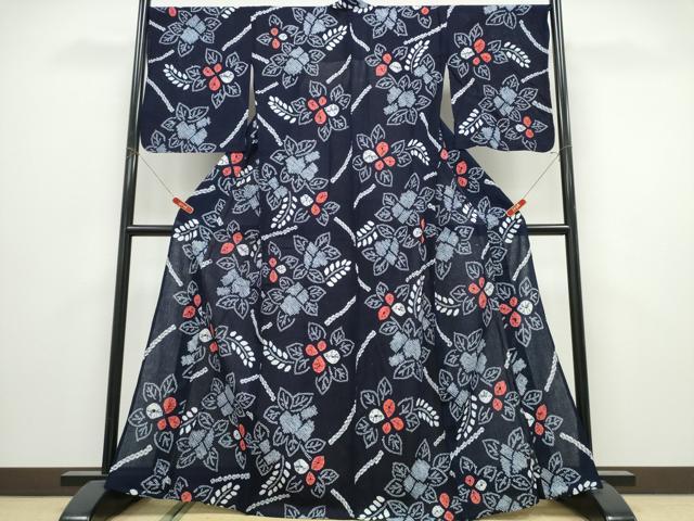 平和屋着物∴夏物　浴衣　有松鳴海絞り　舞葉花文　綿　逸品　CABK5241ng