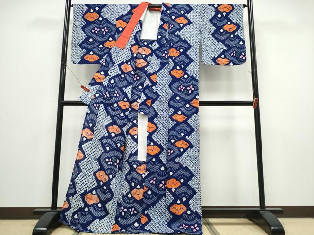 平和屋着物∴夏物　浴衣　有松鳴海絞り　扇面重ね文　綿　逸品　CABK5249ng