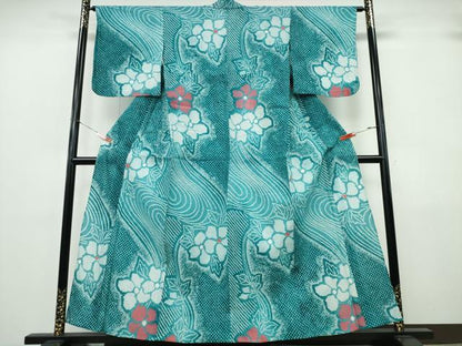平和屋着物∴夏物　浴衣　有松鳴海絞り　流水枝花文　綿　逸品　CABK5257ng