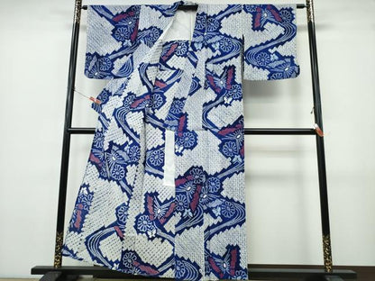 平和屋着物∴夏物　浴衣　有松鳴海絞り　流水舞蝶文　綿　逸品　CABK5283ng