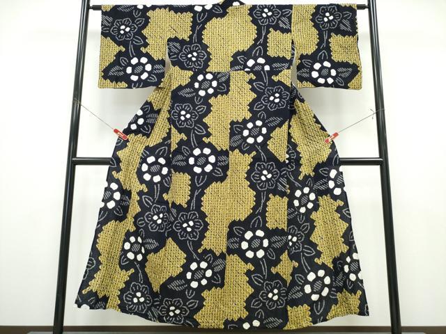 平和屋着物∴夏物　浴衣　有松鳴海絞り　枝花文　黒地　綿　逸品　CABK5295ng