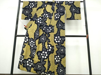 平和屋着物∴夏物　浴衣　有松鳴海絞り　枝花文　黒地　綿　逸品　CABK5295ng