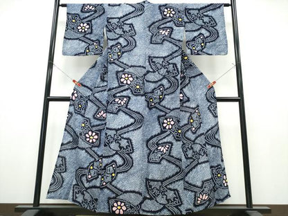 平和屋着物∴夏物　浴衣　有松鳴海絞り　流水地紙花文　綿　逸品　CABK5297ng