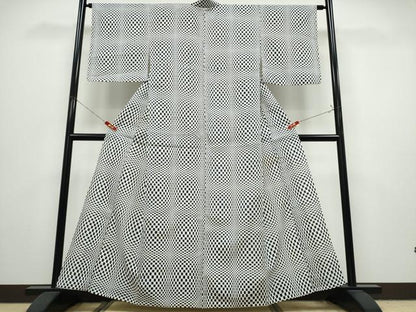 平和屋着物∴夏物　浴衣　注染　手縫い　市松文様　綿　逸品　CABK5301ng