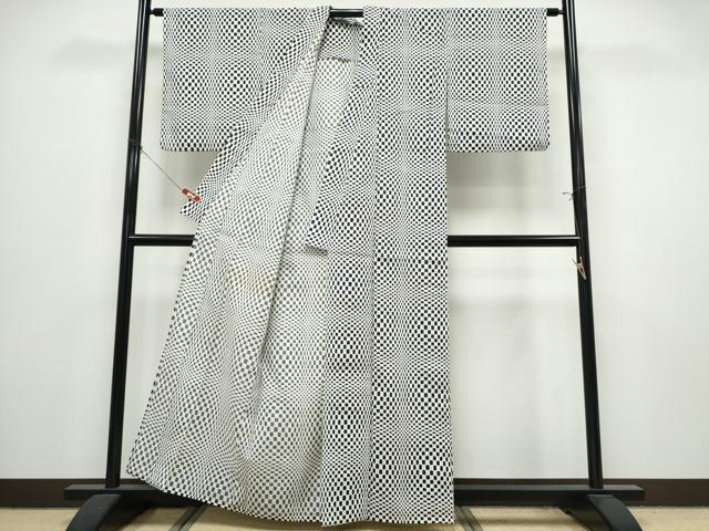 平和屋着物∴夏物　浴衣　注染　手縫い　市松文様　綿　逸品　CABK5301ng