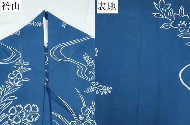 平和屋着物∴夏物　浴衣　注染　手縫い　流水草花文　綿　逸品　CABK5303ng