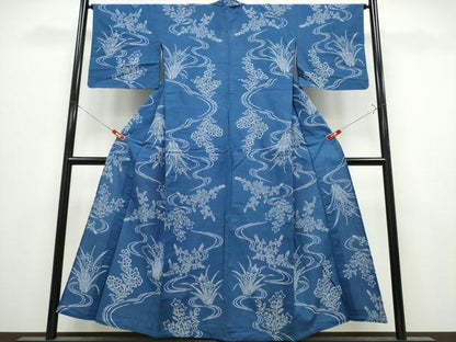 平和屋着物∴夏物　浴衣　注染　手縫い　流水草花文　綿　逸品　CABK5303ng