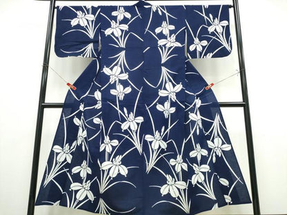 平和屋着物∴夏物　浴衣　注染　手縫い　杜若　綿　逸品　CABK5304ng