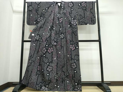 平和屋着物∴夏物　浴衣　有松鳴海絞り　舞花麻の葉文様　黒地　綿　逸品　CABK5330ng