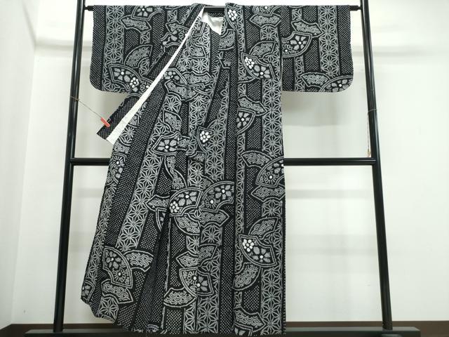 平和屋着物∴夏物　浴衣　有松鳴海絞り　地紙花間道　黒地　綿　逸品　未使用　CABK5334ng