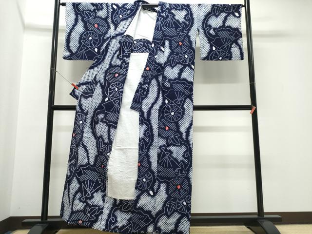 平和屋着物∴夏物　浴衣　有松鳴海絞り　扇朝顔　綿　逸品　CABK5366ng