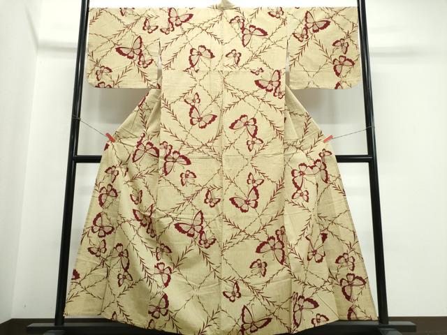 平和屋着物∴夏物　浴衣　注染　手縫い　枝垂れ柳舞蝶文　綿　逸品　CABK5390ng