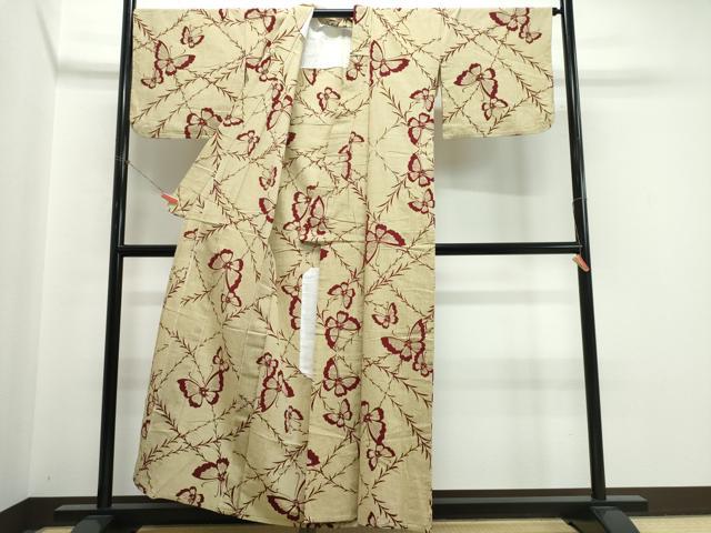 平和屋着物∴夏物　浴衣　注染　手縫い　枝垂れ柳舞蝶文　綿　逸品　CABK5390ng