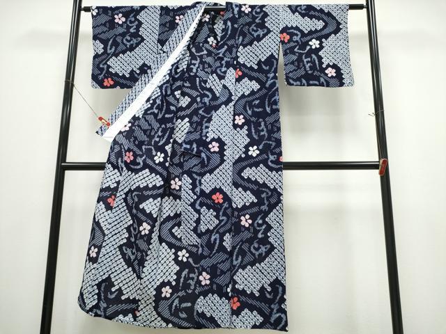 平和屋着物∴夏物　浴衣　有松鳴海絞り　いろは唄　流水花文　綿　逸品　CABK5403ng