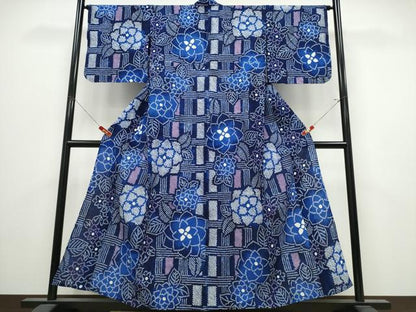 平和屋着物∴夏物　浴衣　有松鳴海絞り　網目花文　綿　逸品　CABK5406ng