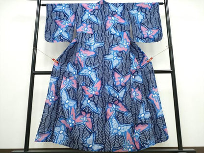 平和屋着物∴夏物　浴衣　有松鳴海絞り　よろけ縞舞蝶文　綿　逸品　CABK5416ng