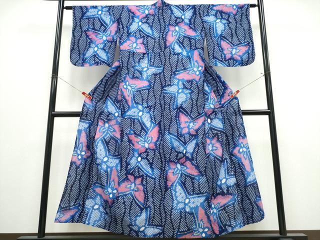 平和屋着物∴夏物　浴衣　有松鳴海絞り　よろけ縞舞蝶文　綿　逸品　CABK5416ng