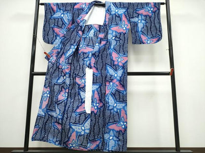 平和屋着物∴夏物　浴衣　有松鳴海絞り　よろけ縞舞蝶文　綿　逸品　CABK5416ng