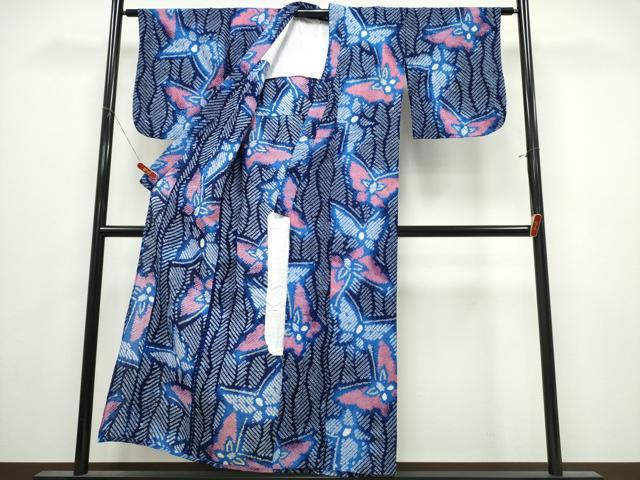 平和屋着物∴夏物　浴衣　有松鳴海絞り　よろけ縞舞蝶文　綿　逸品　CABK5416ng