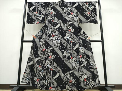 平和屋着物∴夏物　浴衣　有松鳴海絞り　流水杜若　黒地　綿　逸品　CABK5419ng