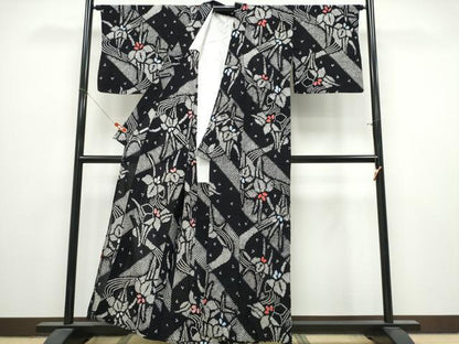 平和屋着物∴夏物　浴衣　有松鳴海絞り　流水杜若　黒地　綿　逸品　CABK5419ng