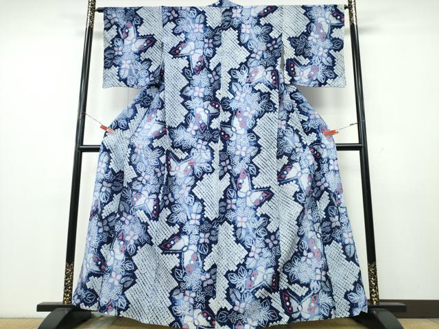 平和屋着物∴夏物　浴衣　有松鳴海絞り　舞蝶草花文　綿　逸品　 CABK5436ng