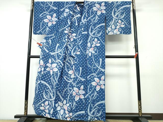 平和屋着物∴夏物　浴衣　有松鳴海絞り　舞花文　綿　逸品　CABK5481ng