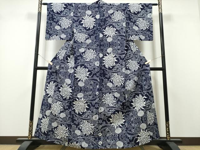 平和屋着物∴夏物　浴衣　注染　手縫い　松竹梅菊文　綿　逸品　CABK5503ng