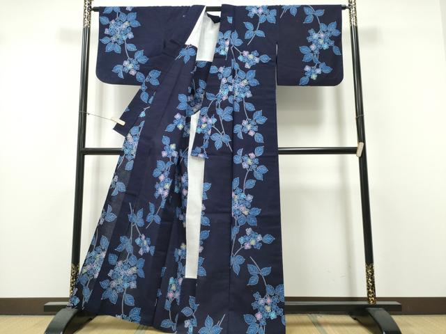 平和屋着物∴夏物　浴衣　注染　手縫い　紫陽花　アジサイ　綿　逸品　CABK5506ng