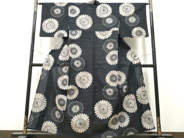 平和屋着物∴夏物　浴衣　注染　手縫い　舞花文　黒地　綿　逸品　CABK5508ng
