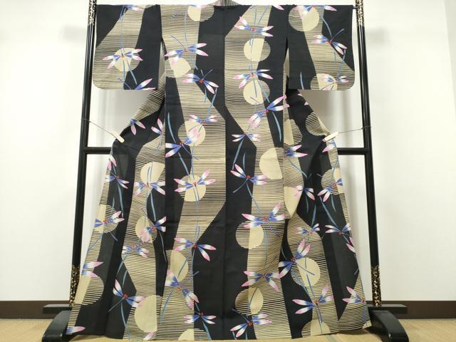 平和屋着物∴夏物　浴衣　注染　手縫い　満月蜻蛉横段文　黒地　綿　逸品　CABK5509ng
