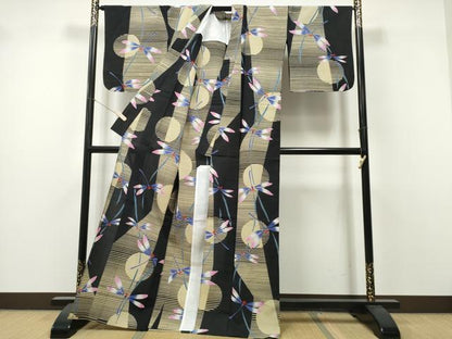 平和屋着物∴夏物　浴衣　注染　手縫い　満月蜻蛉横段文　黒地　綿　逸品　CABK5509ng
