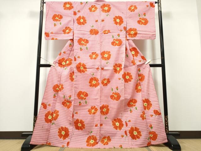 平和屋着物∴夏物　浴衣　格子柄　舞花文　日本製　綿　逸品　未使用　CABK5525ng