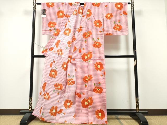 平和屋着物∴夏物　浴衣　格子柄　舞花文　日本製　綿　逸品　未使用　CABK5525ng