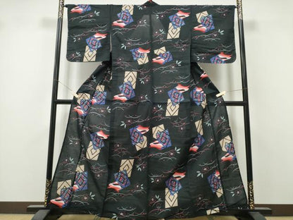 平和屋着物∴夏物　浴衣　色紙重ね跳兎　黒地　綿　逸品　未使用　CABK5531ng