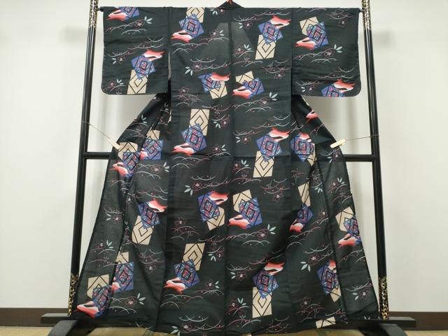 平和屋着物∴夏物　浴衣　色紙重ね跳兎　黒地　綿　逸品　未使用　CABK5531ng