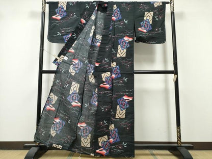 平和屋着物∴夏物　浴衣　色紙重ね跳兎　黒地　綿　逸品　未使用　CABK5531ng