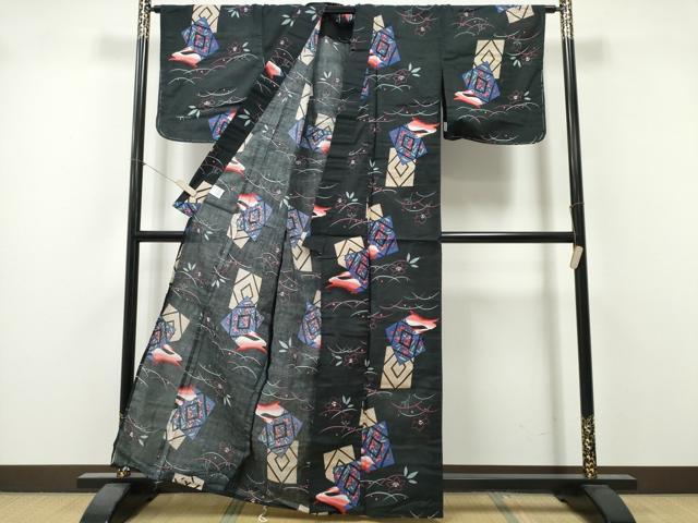 平和屋着物∴夏物　浴衣　色紙重ね跳兎　黒地　綿　逸品　未使用　CABK5531ng