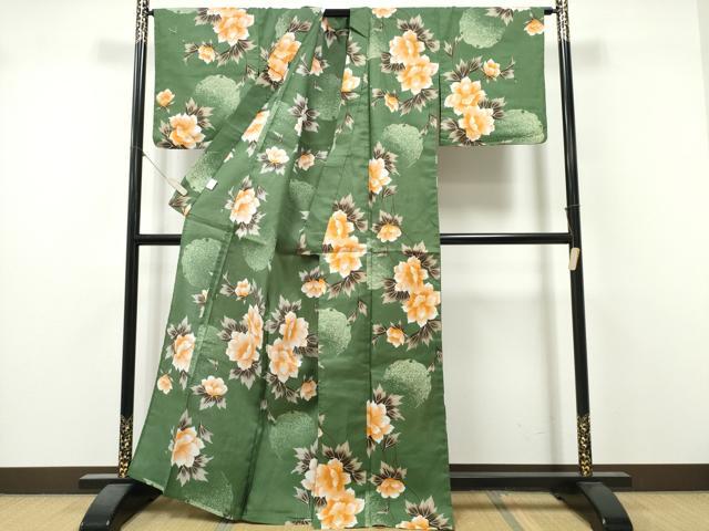 平和屋着物∴夏物　浴衣　雪輪枝牡丹　金彩　綿　逸品　未使用　CABK5532ng