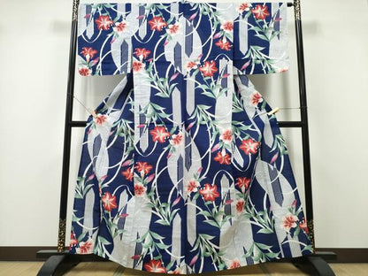 平和屋着物∴夏物　浴衣　百合　矢羽文様　綿　逸品　未使用　CABK5533ng