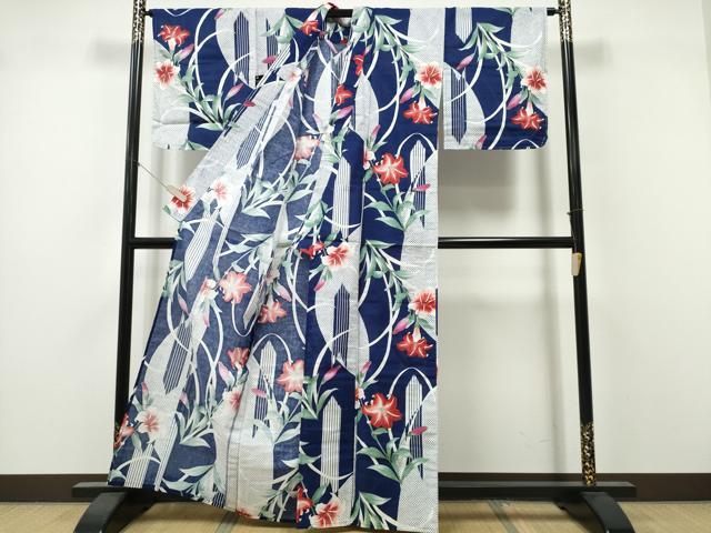 平和屋着物∴夏物　浴衣　百合　矢羽文様　綿　逸品　未使用　CABK5533ng