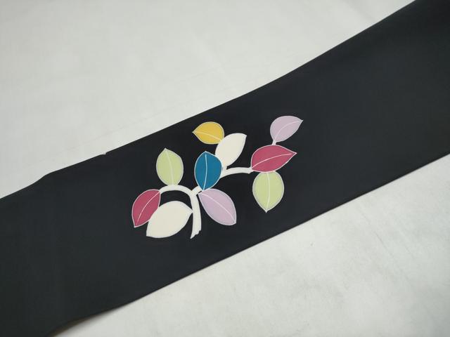 平和屋着物●塩瀬　九寸名古屋帯　ろうけつ染　枝葉文　黒地　正絹　逸品　CABK5601hy