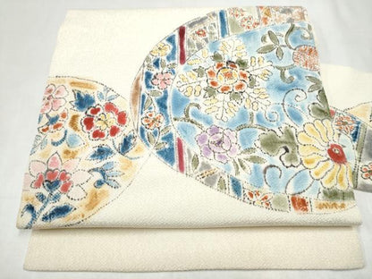 平和屋着物●九寸名古屋帯　作家物　絵皿花文　鬼しぼ縮緬　正絹　逸品　CABK5603hy